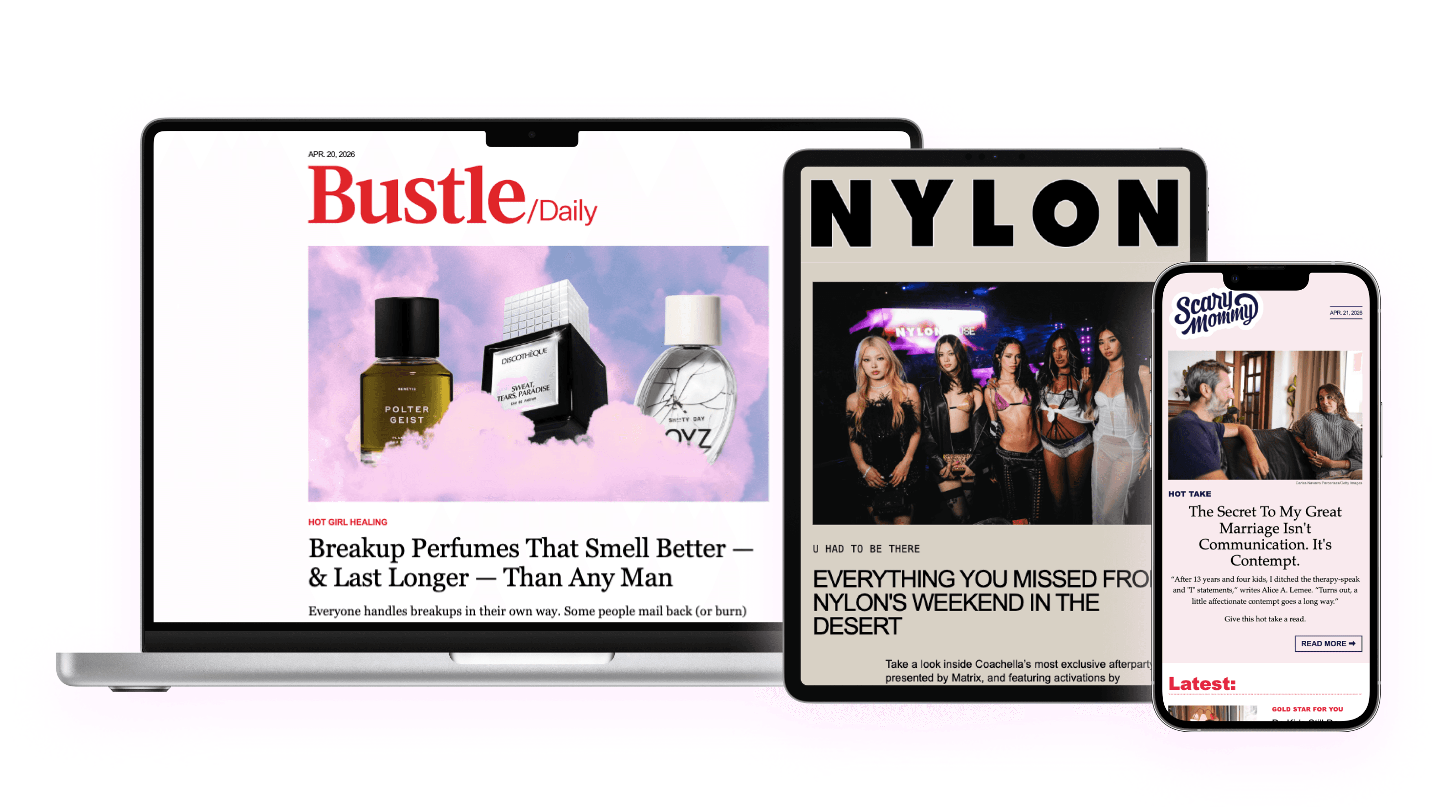 Responsive editorial newsletters for Bustle, Nylon, and Scary Mommy shown across desktop, tablet, and mobile.
