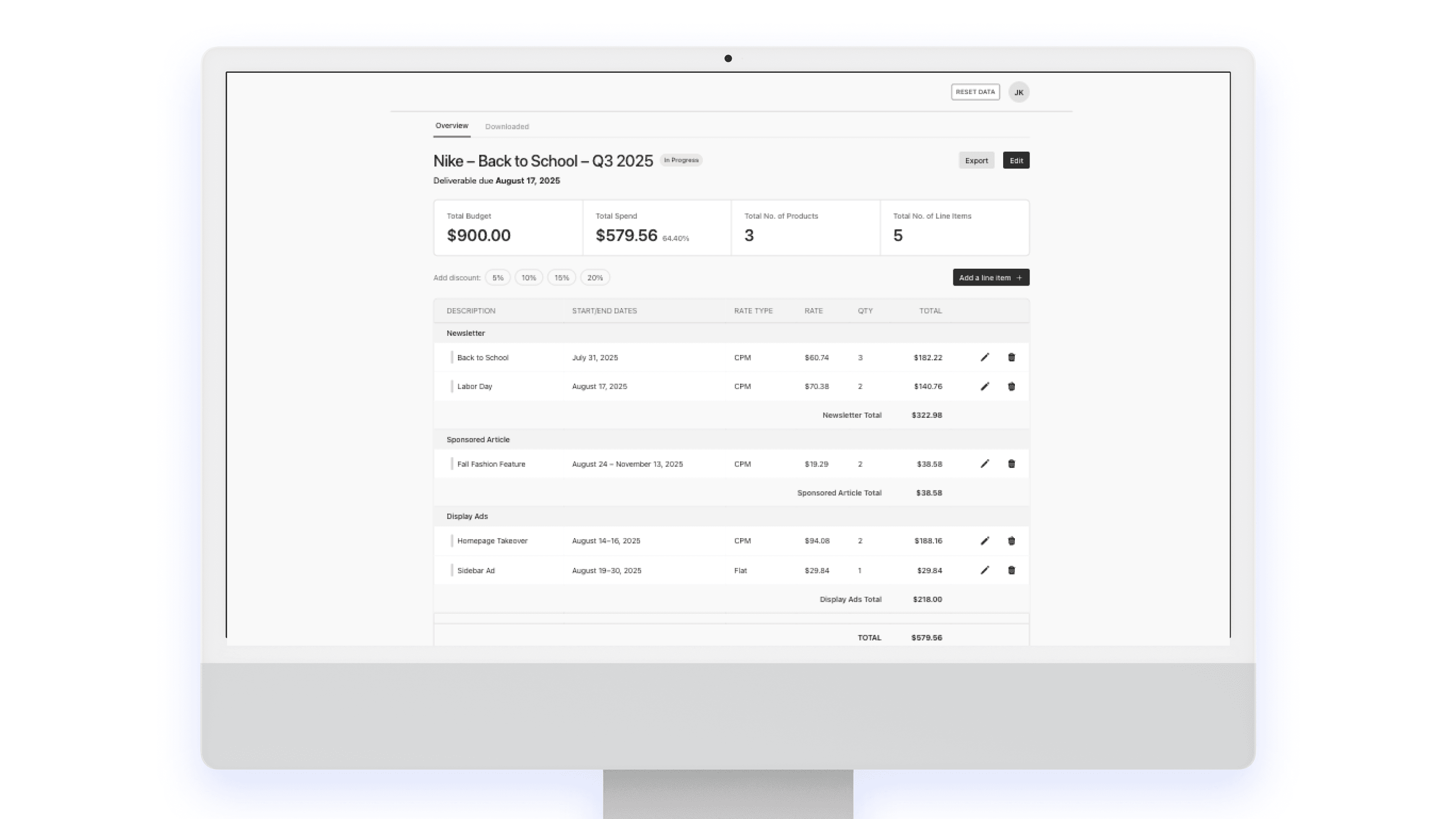 Internal Deal Desk estimation interface for planning campaigns and managing media line items.